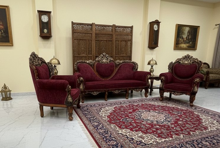 Royal Carved Wooden Sofa Set – Maroon Velvet Upholstery (3+1+1 Seater) - Image 3
